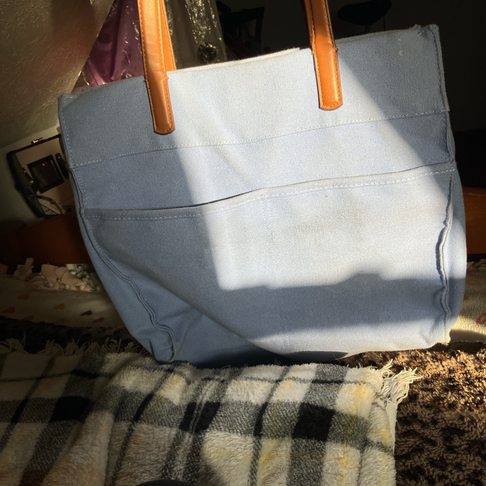Blue Canvas Tote Bag with Tan Handles